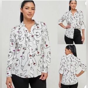 Milk & Honey Button Down Abstract Face Print Size Small